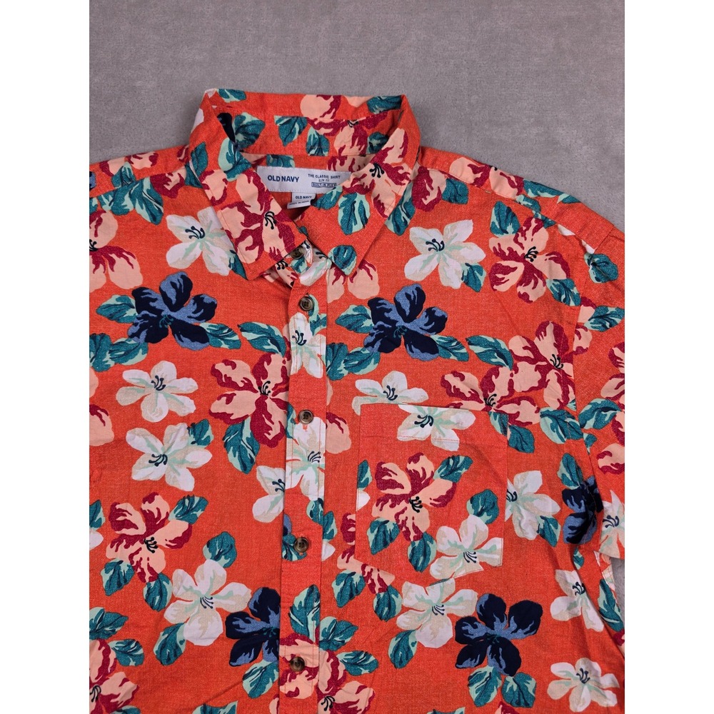 Old Navy Button Up Shirt Mens Large Orange Floral Short Sleeve Slim Fit Flex